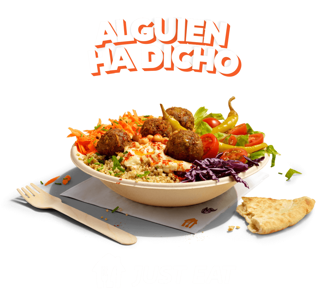 Gráfico de ALGUIEN HA DICHO encima de un bol de falafel y verduras sobre un fondo naranja con un logotipo de Just Eat debajo